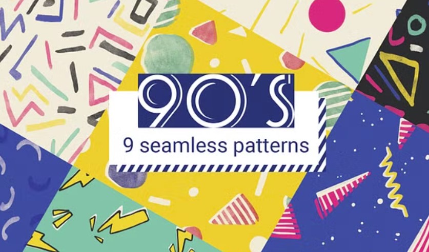 Collection of 9 handmade seamless patterns 90s and 80s themes.