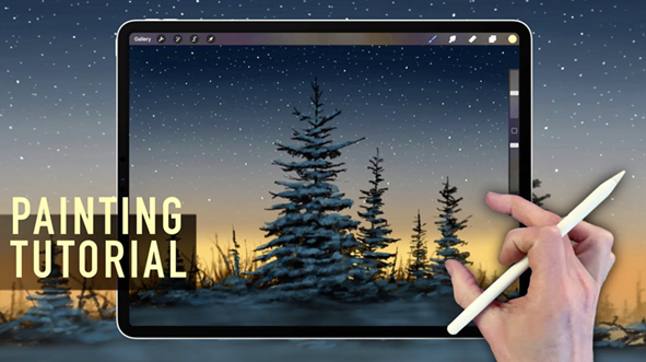 How to Paint Snow Trees at Night Landscape