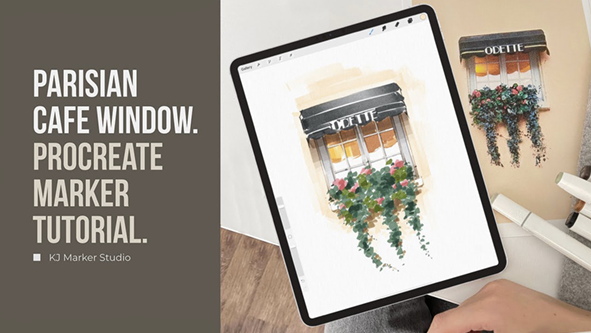 Learn How to Drawing a Parisian Cafe Window With Marker Brushes In Procreate Tutorial