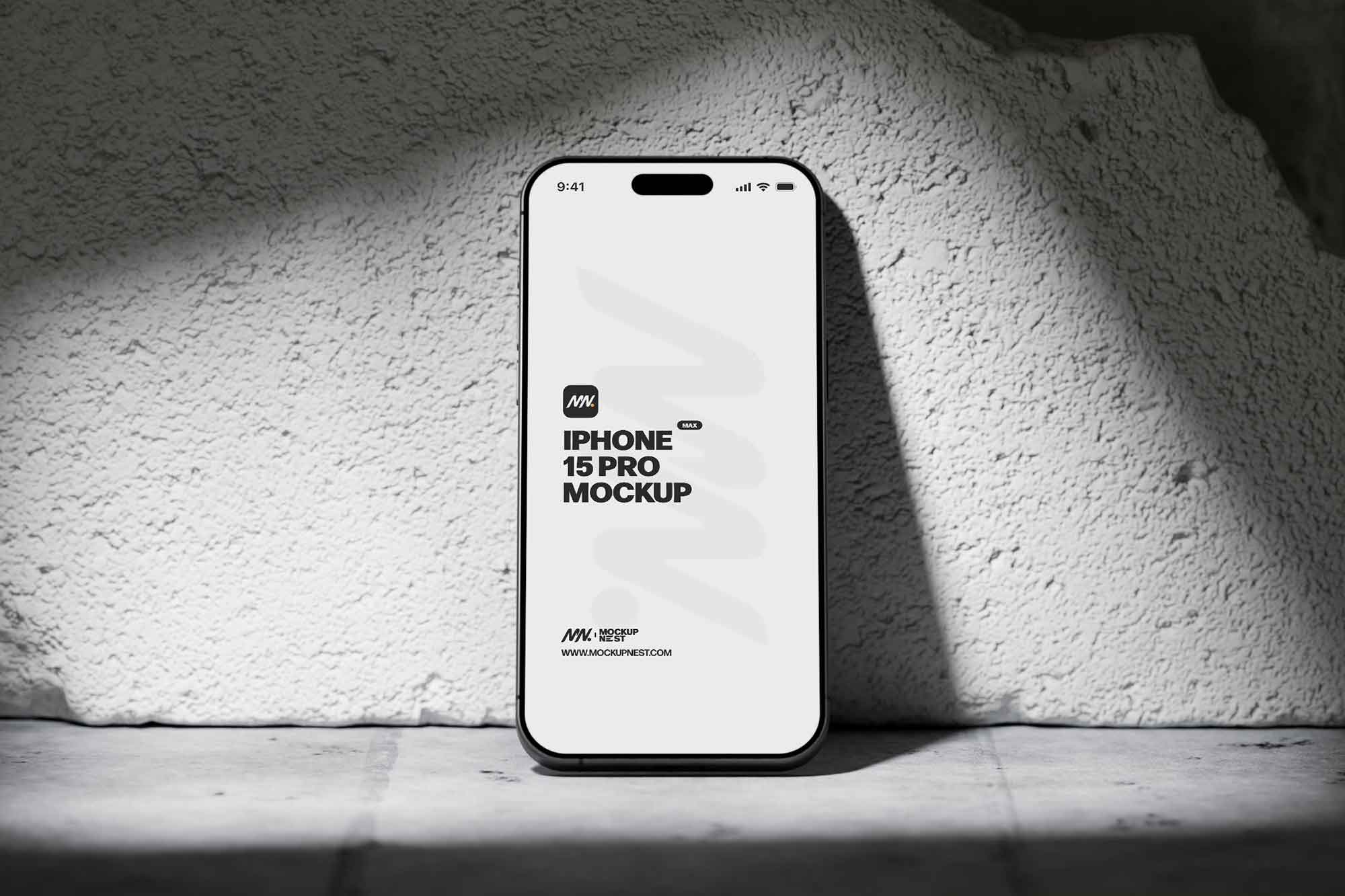iPhone 15 Pro on Concrete Brick Mockup 3
