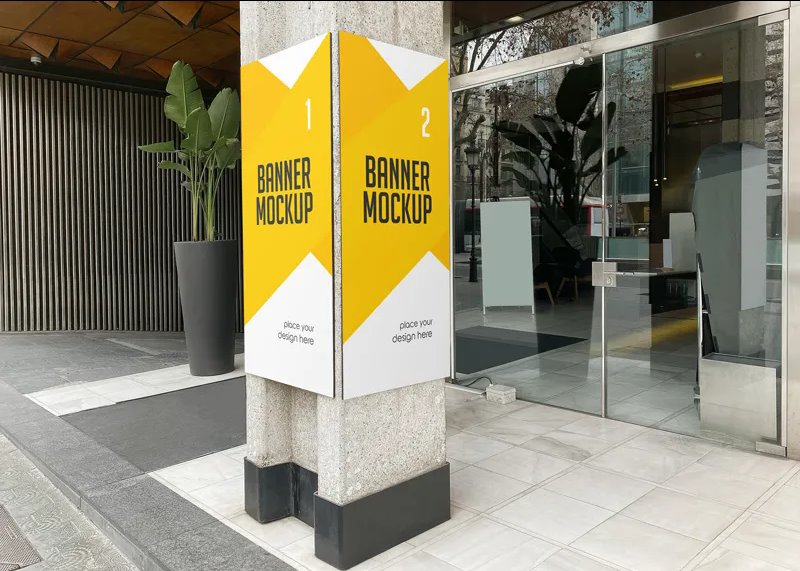 2 Sights of Banner Advertising Mockup on Cement Pole FREE PSD