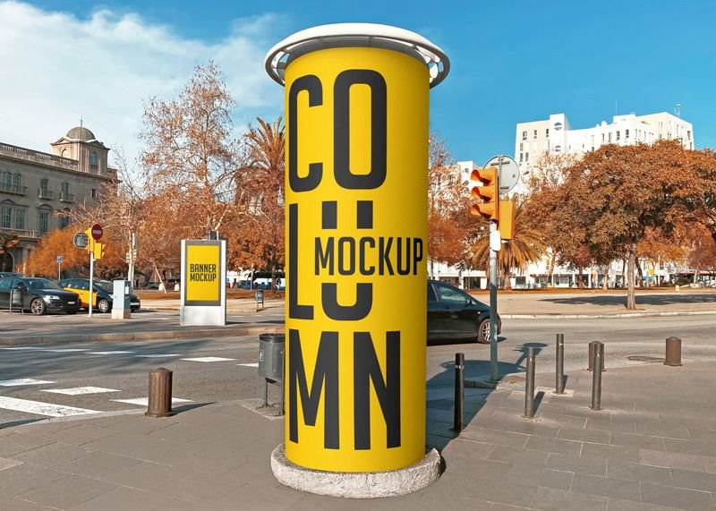 Facing Shot of Round Street Advertising Column Mockup FREE PSD