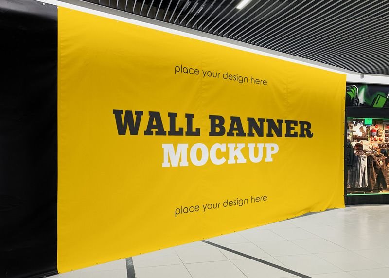 Perspective Sight of Horizontal Wall Banner Mockup FREE PSD